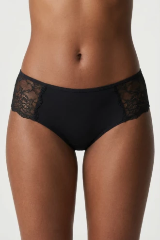Black cotton boyshorts by Tiara Galiano with floral lace panels at both hips over a smooth breathable cotton-blend base.