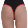 Black high-rise cotton thong in a soft solid finish, more covered and comfortable than a low-rise cut.