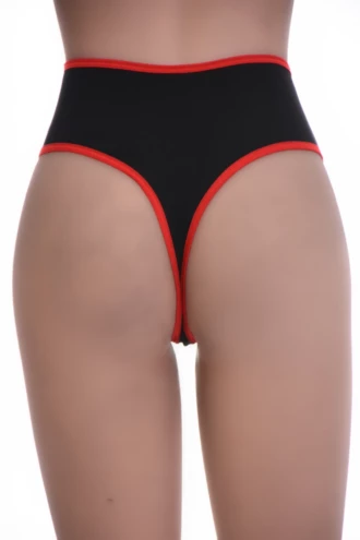 Black high-rise cotton thong in a soft solid finish, more covered and comfortable than a low-rise cut.