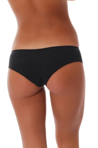 Black-on-black lace boyshorts for women, floral lace sides with a squared leg and smooth low waistband under fitted clothes.