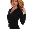 Women's blouse-style cotton bodysuit with thong cut for a smooth line under skirts and trousers.