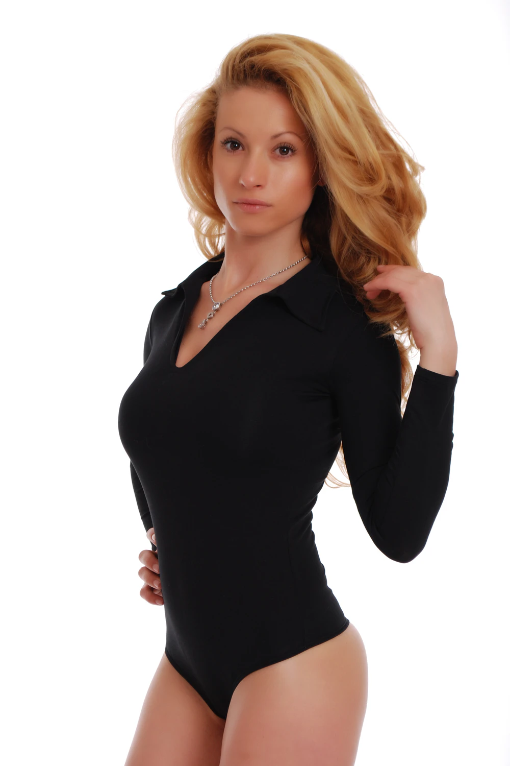 Women's blouse-style cotton bodysuit with thong cut for a smooth line under skirts and trousers.