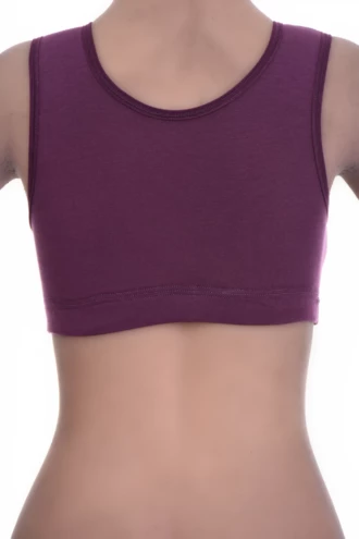Soft breathable cotton bralette with an open back and wide straps across the shoulders, gentle wireless support.