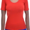 Breathable cotton tee with a fitted line and short sleeves, an easy everyday layer under a cardigan.