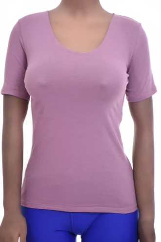Breathable fitted cotton tee with a feminine scoop neckline, body-skimming and comfortable against the skin.