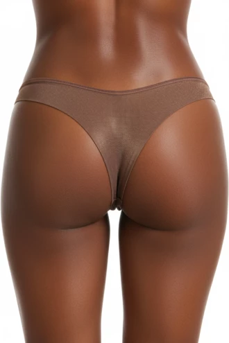 Warm brown Brazilian briefs on a breathable mesh base with a dressy lace front and smooth back, low-rise.