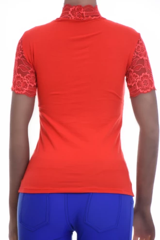 Close-fitting lace and cotton tee with a mock neck, soft stretch and long sleeves that pull on easily.