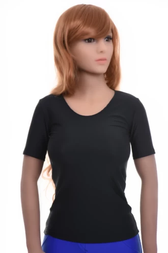 Close-fitting microfiber scoop-neck tee with stretch and short sleeves, an easy pull-on layering piece.