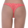 Warm coral lace thong with strappy double sides and a thong back, a bright decorative everyday pair.