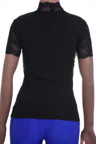 Soft cotton-blend tee with decorative lace, a mock neck and long sleeves for a dressed-up slim layer.