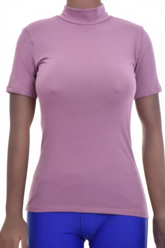 Soft cotton-blend tee with a high mock neck and stretch, a light body-skimming layer for everyday wear.