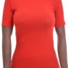 Soft cotton-blend tee with stretch and a high mock neck, a slim shape that follows the figure.