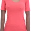 Women's cotton-blend tee with a scoop neck and short sleeves, a slim close fit that follows the figure.