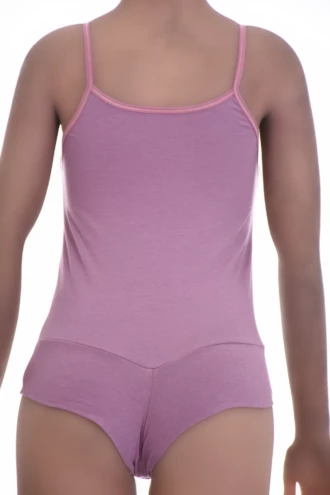 Women's sleeveless cotton bodysuit with scoop neck and spaghetti straps over a brazilian cut, slim base.