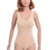 Women's sleeveless cotton bodysuit with scoop neck and wide straps over a brazilian cut, an everyday base.