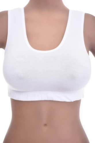 Soft-cup cotton bralette with an open back and wide straps across the shoulders, airy and breathable to wear.