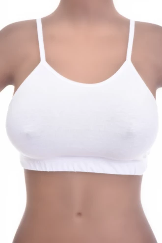 Breathable cotton-blend bralette with delicate spaghetti straps and a strappy back, unpadded for gentle support.