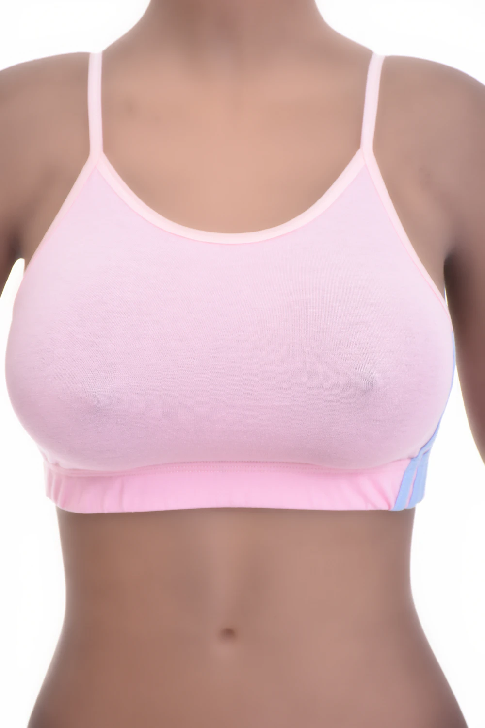 Breathable cotton-blend bralette with a strappy back and delicate straps, wireless and unpadded for gentle support.