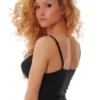 Soft black cotton camisole with wireless molded cups and a back hook-and-eye closure to adjust the fit like a bra.