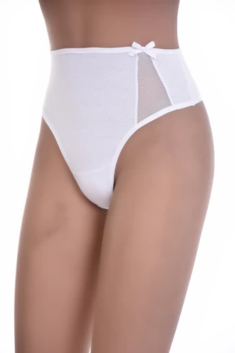 Cotton-blend high-rise thong rising on the front for light tummy coverage, a comfortable daily staple.