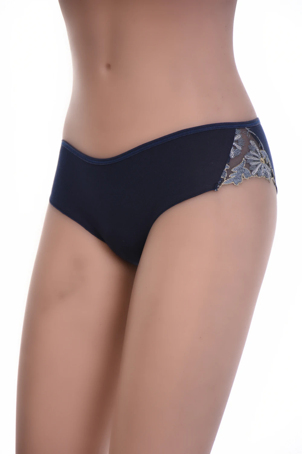 Soft cotton boyshort briefs with a floral lace back-hip insert, a quiet dressier take on the everyday pair.