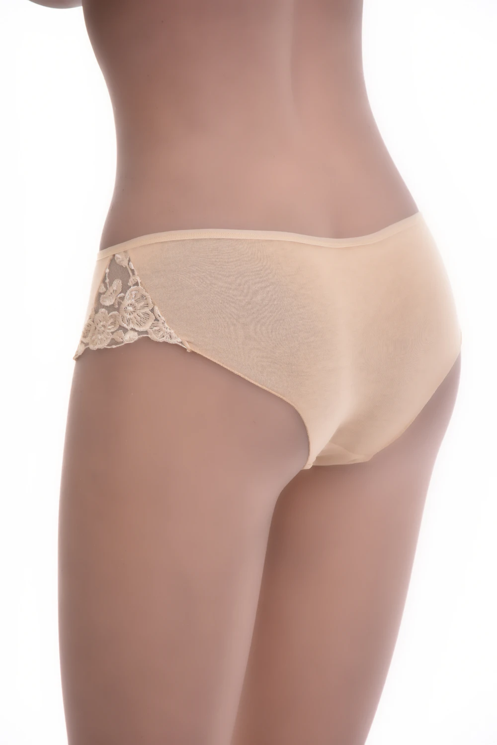 Women's cotton boyshorts by Tiara Galiano with a floral lace insert curving across the back hip over a cotton-blend body.