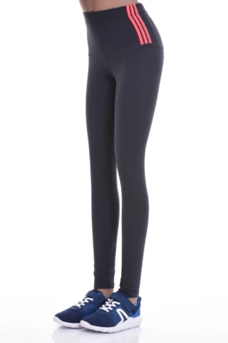 Anthracite high-waisted cotton leggings with coral waistband stripes, side view of the slim silhouette