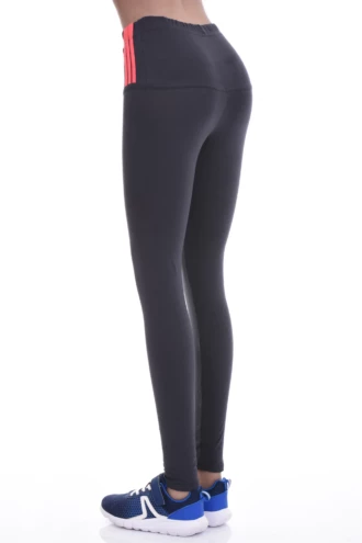 Anthracite cotton leggings with coral side stripes, side view focusing on the leg and stretch fit