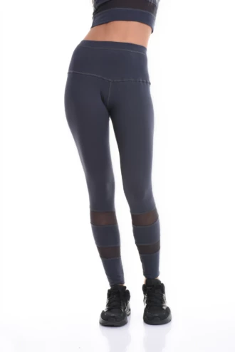 Anthracite high-waisted cotton leggings with calf mesh inserts, front view in soft stretch fabric
