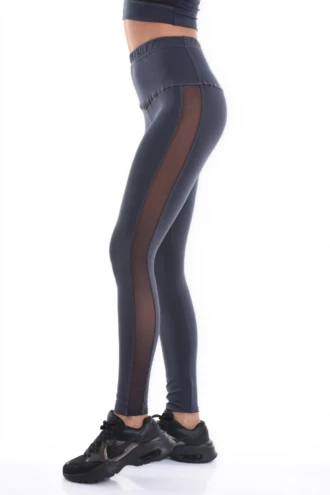 Anthracite high-waisted cotton leggings with a vertical side mesh panel, side view of the slim fit