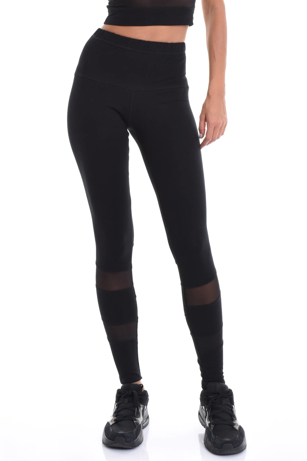 Black high-waisted cotton leggings with calf mesh panels, front view in soft everyday stretch fabric