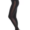 Black high-waisted cotton leggings with a vertical side mesh panel, side view of the slim fit