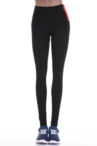 Black high-waisted cotton leggings with red waistband stripes, front view in soft stretch fabric