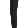 Black cotton high-waisted leggings with red waistband stripes, side view focusing on the leg fit