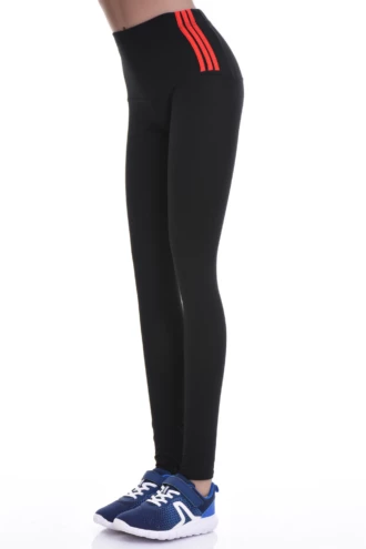 Black cotton high-waisted leggings with red waistband stripes, side view focusing on the leg fit