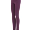 Eggplant high-waisted cotton leggings with coral waistband stripes, side view of the slim leg line