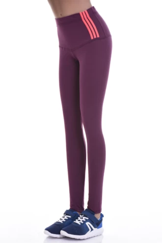 Eggplant high-waisted cotton leggings with coral waistband stripes, side view of the slim leg line