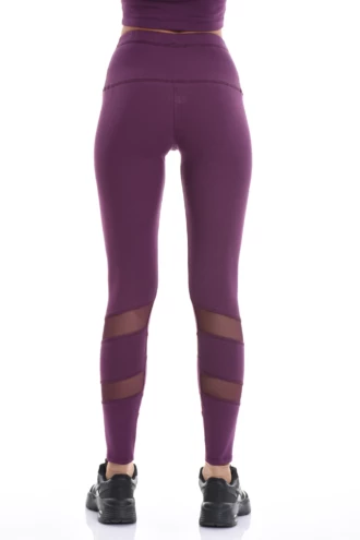 Eggplant high-waisted cotton leggings with calf mesh panels, back view in soft everyday cotton blend