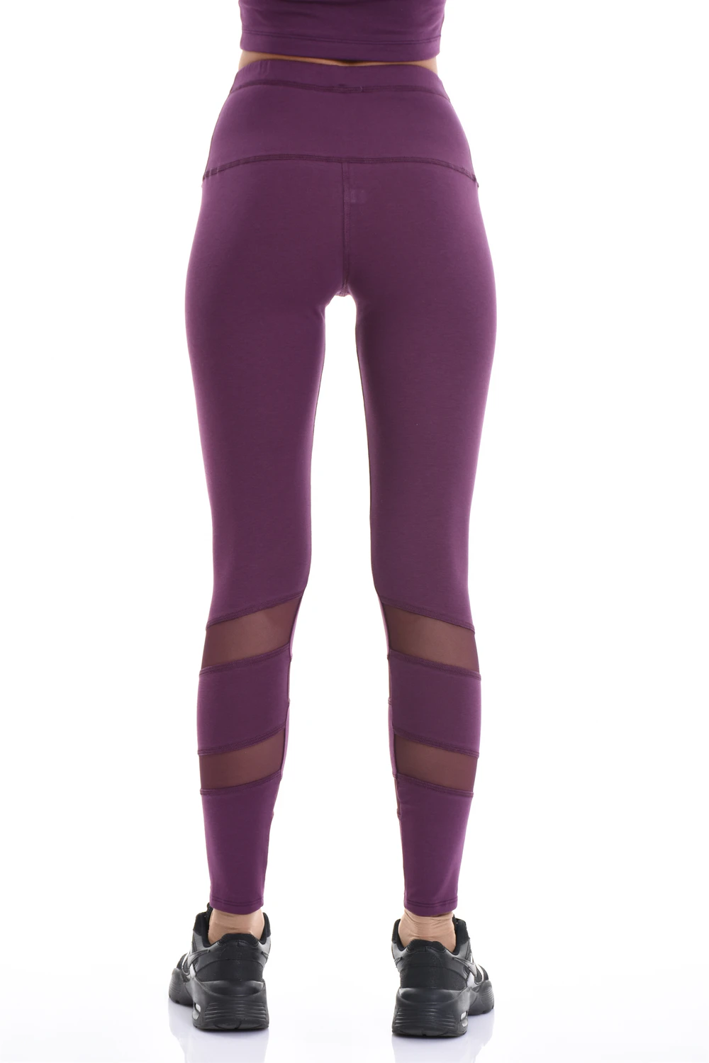 Eggplant high-waisted cotton leggings with calf mesh panels, back view in soft everyday cotton blend