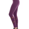 Eggplant high-waisted cotton leggings with calf mesh inserts, side view of the slim everyday fit