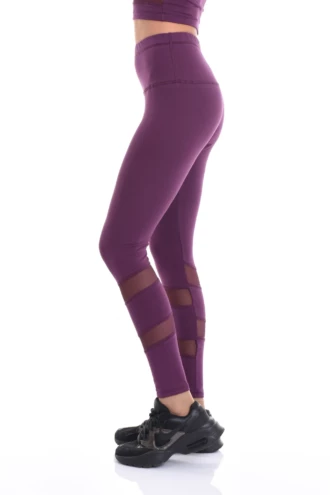 Eggplant high-waisted cotton leggings with calf mesh inserts, side view of the slim everyday fit