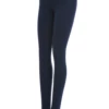 Navy blue high-waisted cotton leggings with light blue waistband stripes, side view of the slim fit