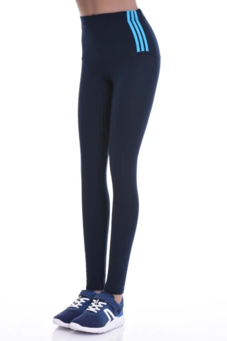 Navy blue high-waisted cotton leggings with light blue waistband stripes, side view of the slim fit