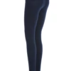 Navy blue cotton leggings with light blue side stripes, side view focusing on the leg and stretch fit