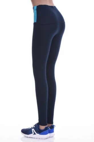 Navy blue cotton leggings with light blue side stripes, side view focusing on the leg and stretch fit