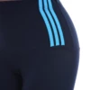 Close-up of navy cotton leggings waistband with three light blue stripes, showing the fabric detail