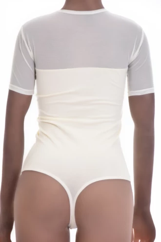 Women's cotton bodysuit with round neck, short sleeves and mesh detail over a thong cut, a warm-weather layer.