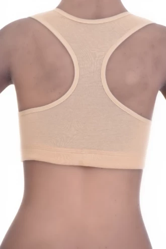 Breathable cotton-blend racerback bralette with straps to the spine, unpadded and wireless for gentle support.