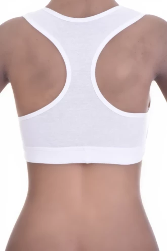 Breathable cotton-blend racerback bralette with straps drawn in towards the spine, wireless and unpadded.
