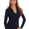 Women's cotton shirt bodysuit with V-neck and long sleeves over a thong bottom, a polished daily base.